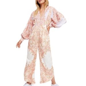 Free People Blooming Fields Linen Blend Long Sleeve Jumpsuit Medium
